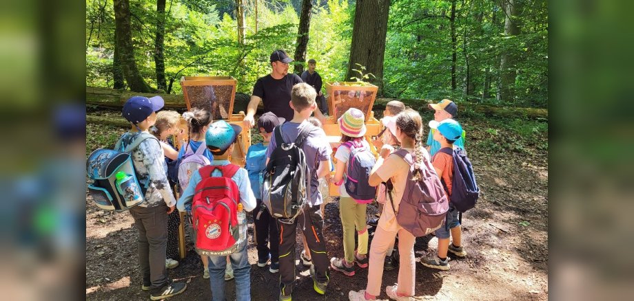 Andre Pelm, Forstwirt im Stadtwald Wittlich erklärt den Kindern die Bedeutung des Waldes für den Wasserhaushalt.