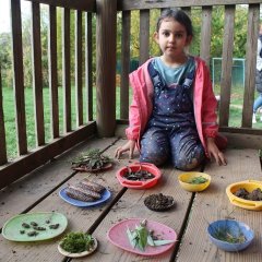 Das Bild zeigt ein Mädchen in Matschkleidung das hinter ein paar Plastikteller mit verschiedenen Naturmaterialien wie Gras, Tannenzapfen, Matsch, Moos, Blätternund Stöcken. Das Mädchen schaut in die Kamera.