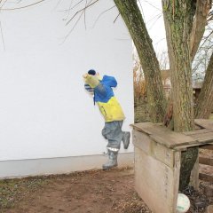 Auf dem Bild ist ein Junge in Matschkleidung zu sehen der von einem Baum mit Podest hinunter springt. 