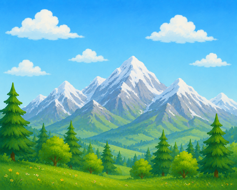 Symbol der Gipfelstürmer Auf dem Bild ist im Hintergrund gezeichnet eine Berglandschaft abgebildet. Vor den Bergen sind Bäume und eine Wiese.