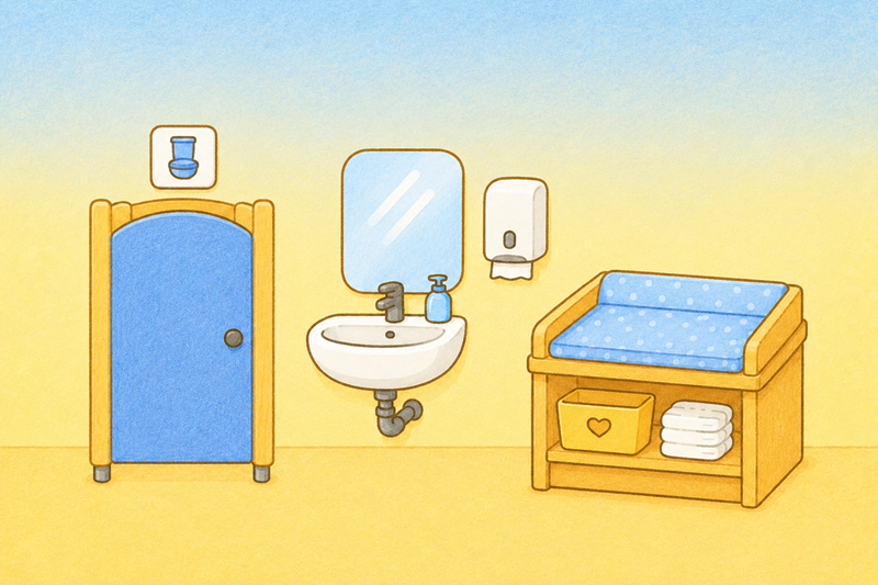 Waschraum Auf dem Bild ist der Sanitär- und Wickelbereich der Kita gemalt dargestellt. Es ist eine Toilettenkabine, ein Waschbecken mt Spiegel und Handtuchhalter und ein Wickeltisch abgebildet.