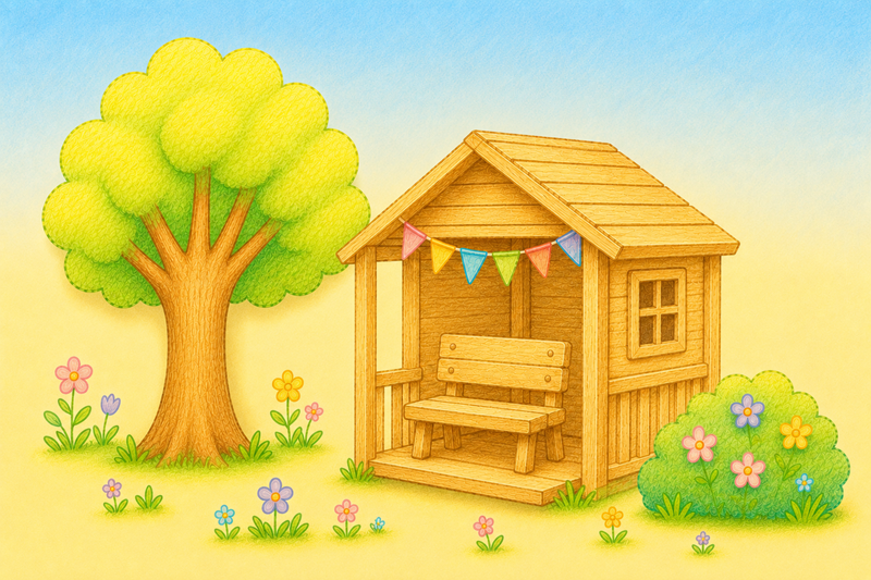 Auf dem Bild wird der Garten gezeichnet dargestellt. Eine Holzhütte, mit Bank, ein Busch, Blumen und ein Baum sind auf dem Bild.