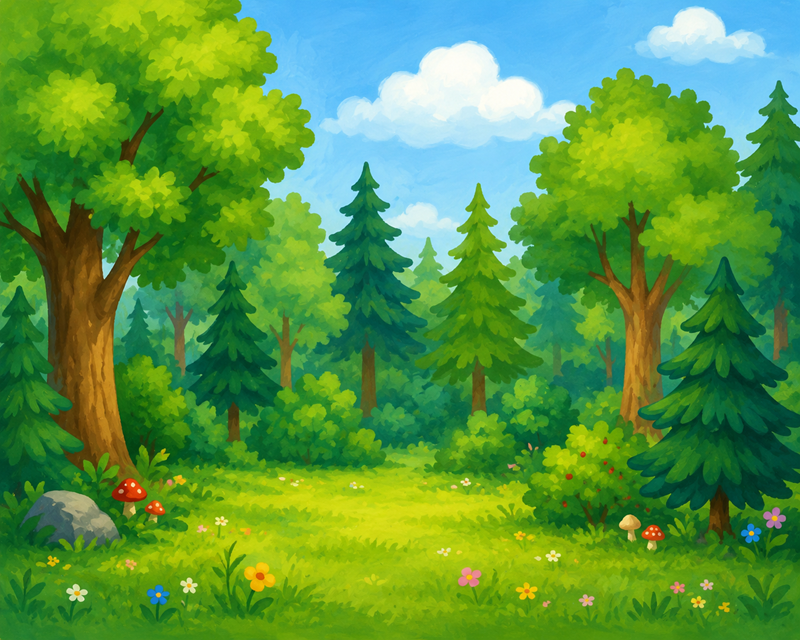 Symbol der Waldläufer Auf dem Bild ist gezeichnet ein Wald mit vielen Bäumen zu sehen. Im Vordergrund ist eine kleine Wiese mit Blumen.