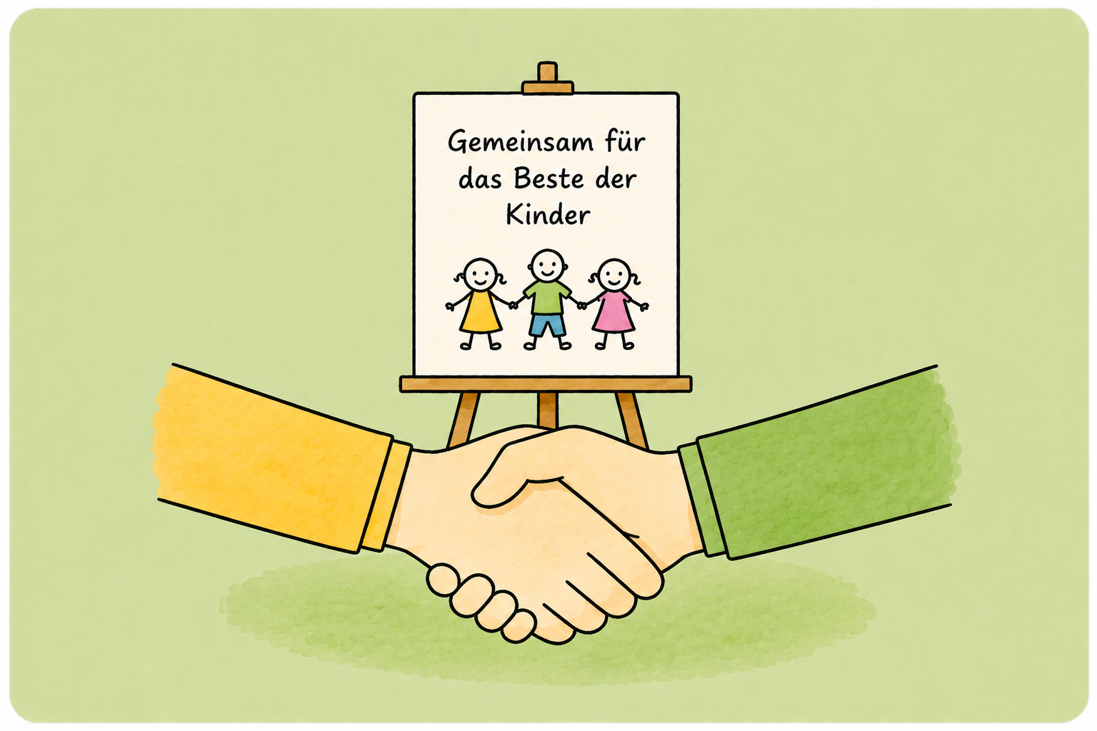 Zusammenarbeit Auf dem Bild sind zwei Hände, die sich die Handreichen und eine Tafel, auf der steht "Gemeinsam für das Beste der Kinder". Alles in gemalter Optik.