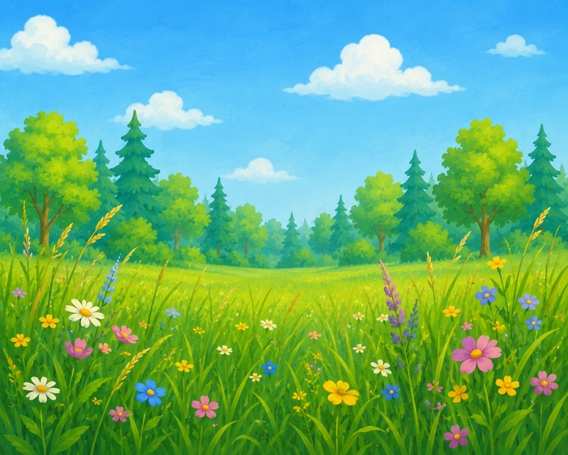 Auf dem Bild ist gezeichnet eine große Blumenwiese zu sehen. Im Hintergrund stehen viele Bäume. 