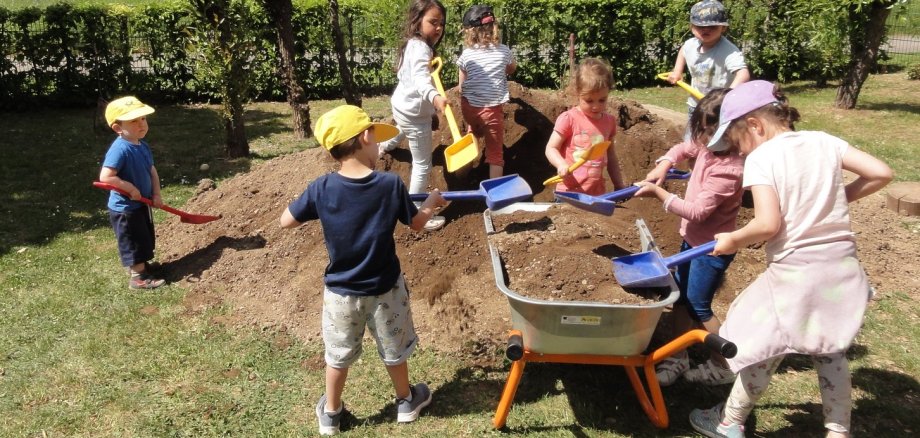 Das Bild zeigt viele Kinder mit Schaufeln die Erde von einem Erdhügel in eine große Schubkarre schaufeln.