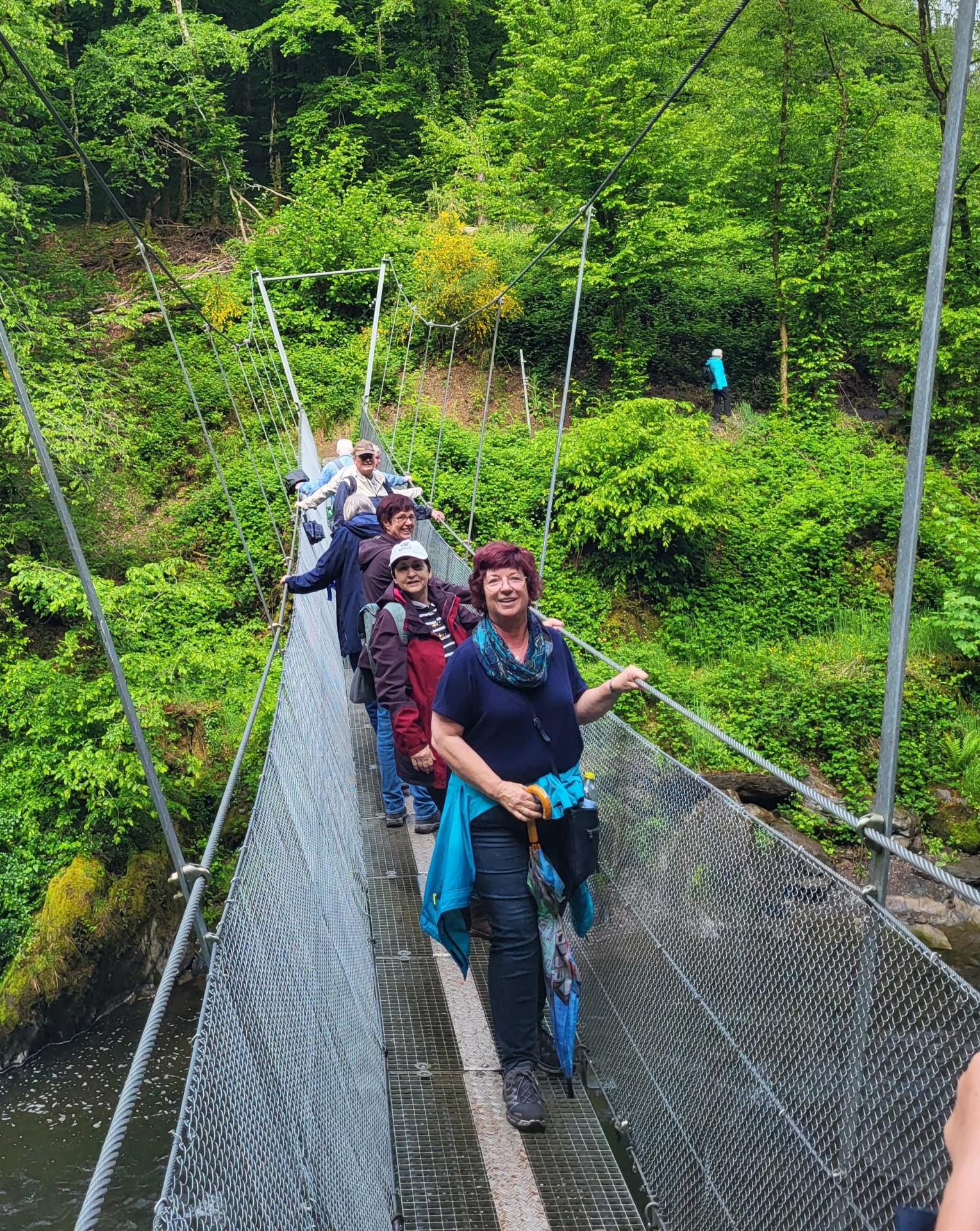 Wandergruppe auf der Hängeseilbrücke Alte Pleiner Mühle