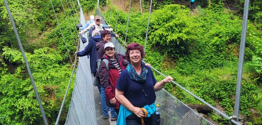 Wandergruppe auf der Hängeseilbrücke Alte Pleiner Mühle